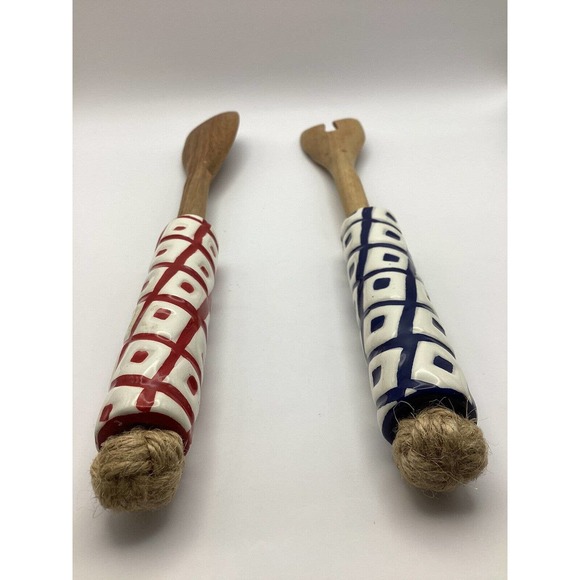 Hand Painted Serving Wooden Fork & Spoon with Ceramic ends, Made In Siena Italy - Picture 6 of 7